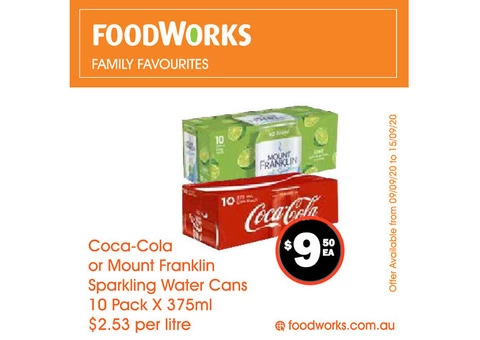 Coca-Cola or Mount Franklin Sparkling Water Cans - Essential Item, FoodWorks Clovelly