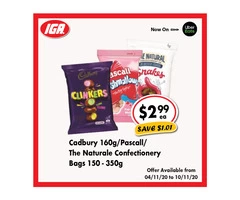 Cadbury 160g/Pascall/The Natural Confectionery Bags - Grocery Item, IGA Ravenswood