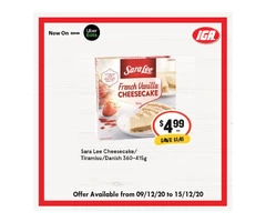 Sara Lee Cheesecake/Tiramisu/Danish From IGA Ravenswood