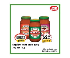 Raguletto Pasta Sauce  at IGA Ravenswood