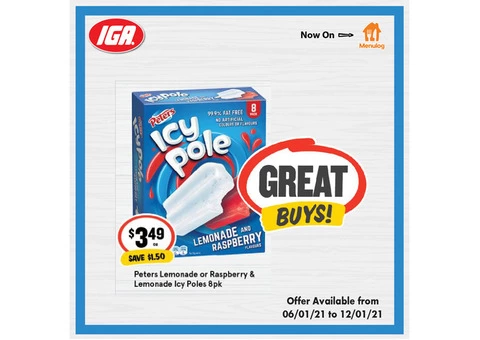 Peters Lemonade or Raspberry Icy Poles  at IGA Ravenswood