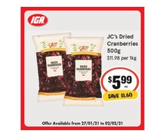 JC's Dried Cranberries at IGA Ravenswood Store