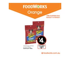 Schmackos Strapz or Stix at FoodWorks Orange