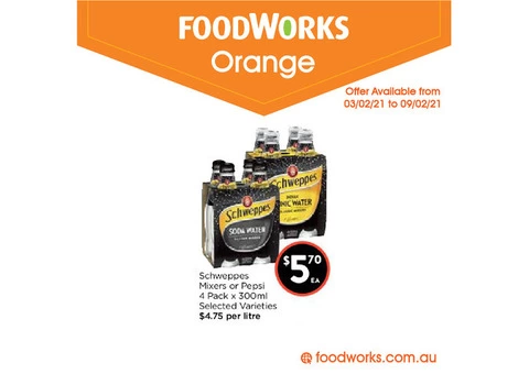 Schweppes Mixers or Pepsi at FoodWorks Orange