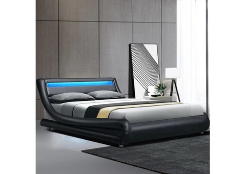 LED Bed Frame Double Full Size Base Mattress Platform Black Leather ALEX
