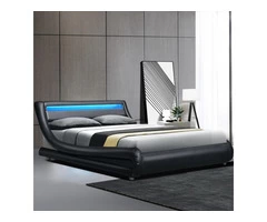 LED Bed Frame Double Full Size Base Mattress Platform Black Leather ALEX