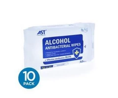 Antibacterial Wipes, 75% Alcohol - 30 Wipes Per Pack (Case of 10)