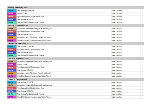 Check out the Event Time Table at Martial Arts and Fitness Training in Palmerston Australia!