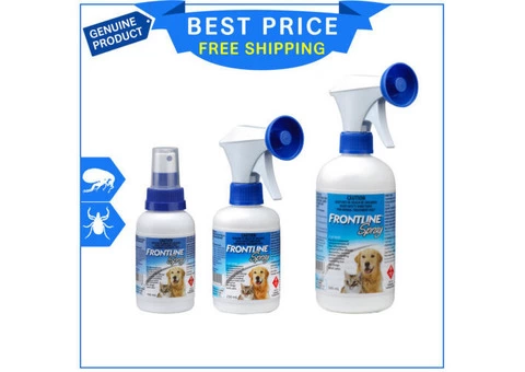 Frontline Spray for flea and tick treatment, works on dogs and cats.