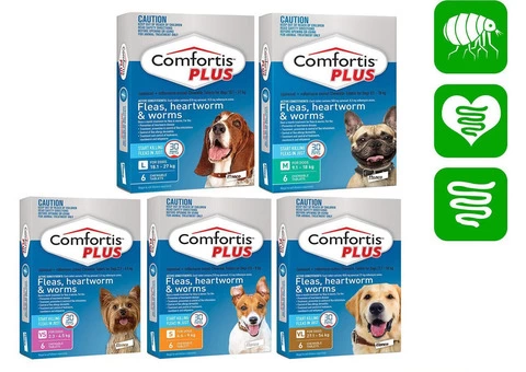 Comfortis Plus is a chewable tablet that provides treatment for fleas, heartworms and worms in dogs