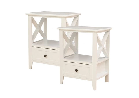 2-tier Bedside Table with Storage Drawer 2 PC – Rustic White