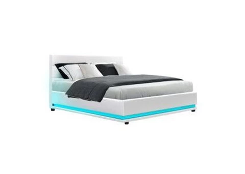 Artiss Lumi LED Bed Frame PU Leather Gas Lift Storage – White Double