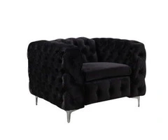 Single Seater Black Sofa Classic Armchair Button Tufted in Velvet Fabric with Metal Legs