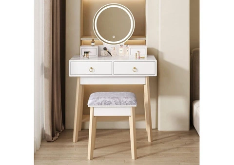 DRESSING VANITY TABLE STOOL SET WITH MAKE-UP LED LIGHTED MIRROR-WHITE - 2/14
