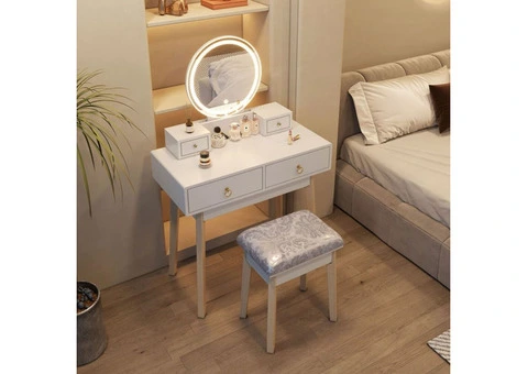 DRESSING VANITY TABLE STOOL SET WITH MAKE-UP LED LIGHTED MIRROR-WHITE - 3/14