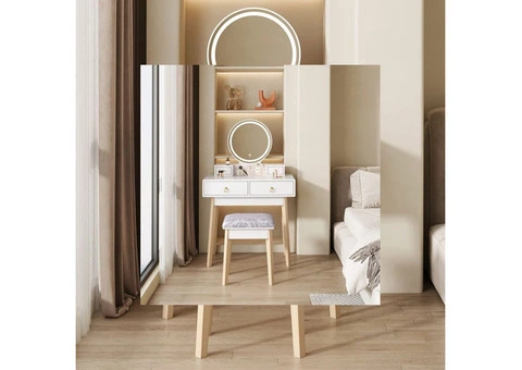 DRESSING VANITY TABLE STOOL SET WITH MAKE-UP LED LIGHTED MIRROR-WHITE - 4/14