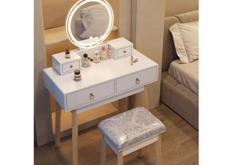 DRESSING VANITY TABLE STOOL SET WITH MAKE-UP LED LIGHTED MIRROR-WHITE - 6/14