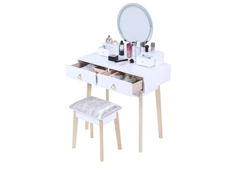 DRESSING VANITY TABLE STOOL SET WITH MAKE-UP LED LIGHTED MIRROR-WHITE - 7/14
