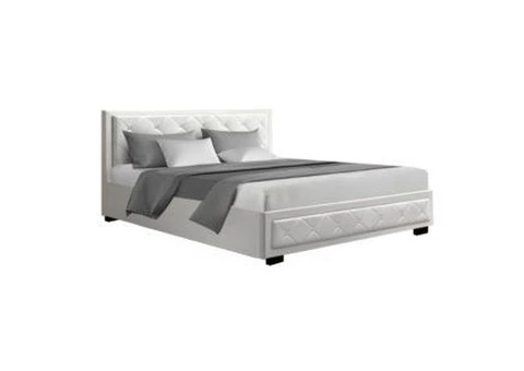 Artiss Bed Frame King Size Gas Lift Base With Storage White Leather Tiyo Collection