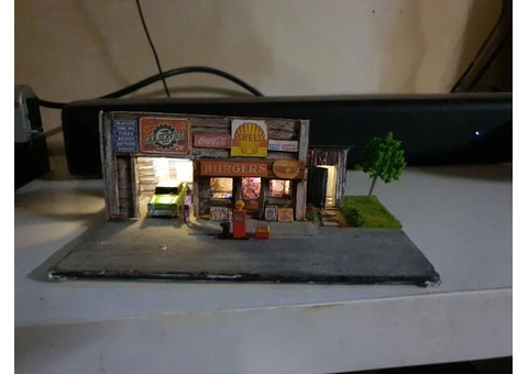 HO scale- Aussie train set Wooden buildings with lights and ho size holdens, fords, valiants etc - 15/18