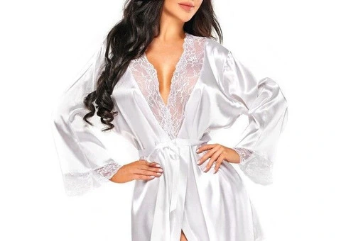Shop White Satin With Lace Long Sleeve Robe, At Lingerie Seduction