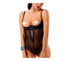 Faux Leather Quarter Cup Crotchless Teddy Available at Lingerie Seduction