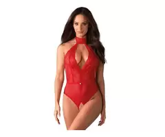 Buy the Sheer Red Lace Open Crotchless Teddy at Lingerie Seduction