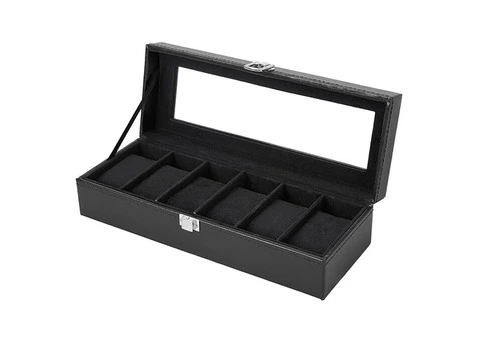 6-Slot Black PU Leather Watch Box with Glass Lid – Elegant Storage for Men & Women