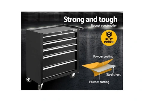 Giantz 5 Drawer Tool Box Cabinet Chest Trolley Box Garage Storage Toolbox Black - Qubyk AU