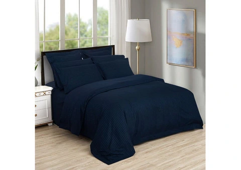 1000tc Ultra Soft Striped Queen Size Midnight Blue Duvet Quilt Cover Set - Qubyk AU