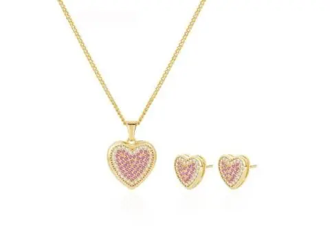 Pavé Cubic Zirconia Heart Necklace & Earrings Set for Women - 1/3