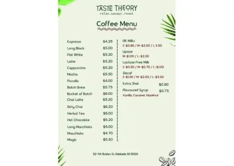 Modern Coffee Cafe in Adelaide – Explore Our Delicious Menu Cafe | Taste Theory - 2/2