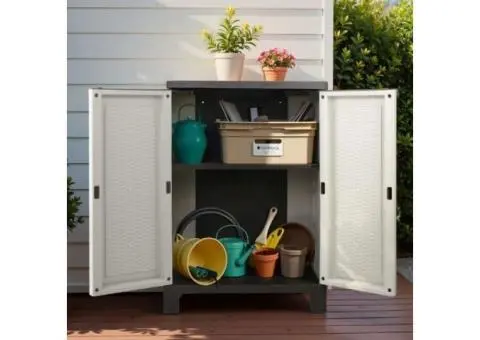 Stylish 92 cm Lockable Outdoor Storage Cabinet – Rattan Beige, Weather-Resistant