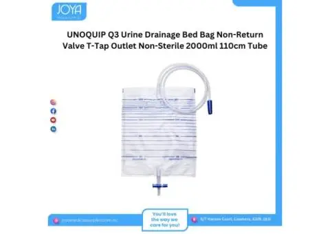 UNOQUIP Q3 Urine Drainage Bed Bag Non-Return Valve T-Tap Outlet Non-Sterile 2000ml 110cm Tube