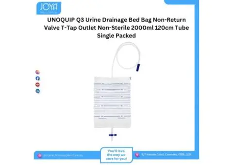 UNOQUIP Q3 Urine Drainage Bed Bag Non-Return Valve T-Tap Outlet Non-Sterile 2000ml 120cm Tube