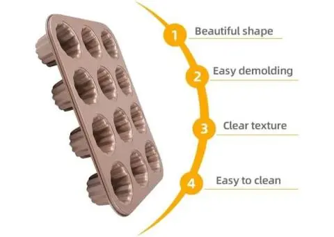 Carbon Steel 12-Cavity Non-Stick Canele Mold Cake Pan, Gold - 2/4