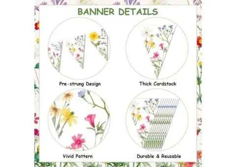 Floral Garden Party Bunting Banner, 12 Triangle Flags, Spring Flowers Design, Pa - 2/3