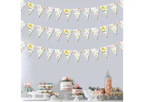 Floral Garden Party Bunting Banner, 12 Triangle Flags, Spring Flowers Design, Pa - 3/3