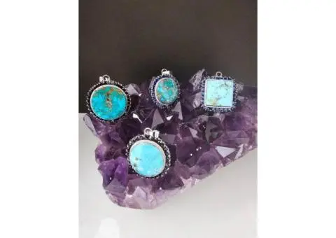 Handmade Jeweled Silver Pendants with Original Neyshabur Turquoise