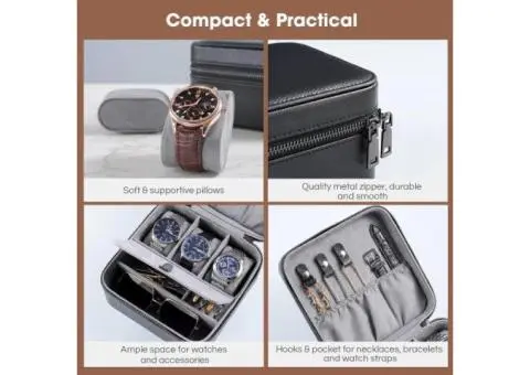 Travel Watch Case, 3 Slots Leather Mens Jewelry Box, Portable Watches Cufflinks