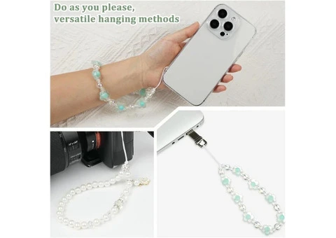 OFFCUP 2 Pack Beaded Phone Bracelet Strap, Flower Pearl Crystal Phone Charm - 1/3