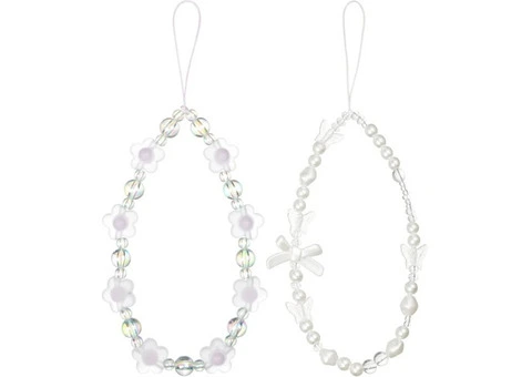 OFFCUP 2 Pack Beaded Phone Bracelet Strap, Flower Pearl Crystal Phone Charm - 2/3