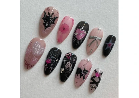 Glamrays 24 Pieces Cute Cat Nails Sticker Nails Medium Almond False Nails with G