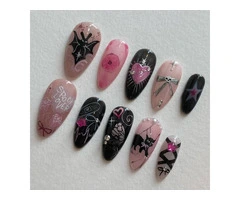 Glamrays 24 Pieces Cute Cat Nails Sticker Nails Medium Almond False Nails with G