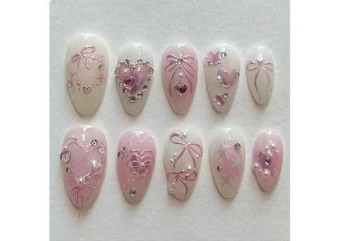 Glamrays 24 Pieces Cute Cat Nails Sticker Nails Medium Almond False Nails with G - 2/2