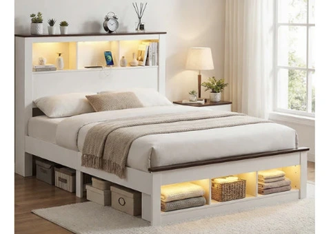 Beige Queen Bed Frame with Storage – Modern Space-Saving Bedroom Solution - 1/4
