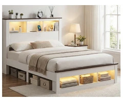Beige Queen Bed Frame with Storage – Modern Space-Saving Bedroom Solution