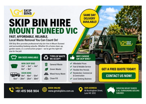 Skip Bin Hire Mount Duneed – Mini & Hook Bins Available | GM Skip Bins
