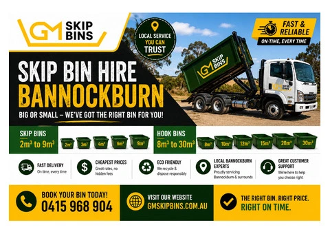 Skip Bin Hire Bannockburn — 2m³ to 9m³ Skip Bins + Hook Bins 8m³ to 30m³ | GM Skip Bins