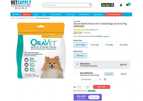 Oravet Dental Chews For X-Small Dogs Up To 4.5 Kg (Orange) 28 Chews | VetSupply Australia